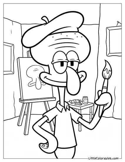 Squidward Proudly Wearing Artist Beret Holding Paintbrush Coloring Page