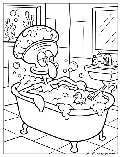 Squidward Relaxing in a Bubble Bath Coloring Page