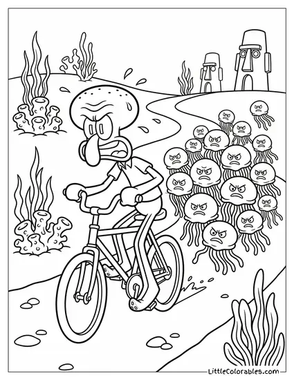 Squidward Riding Bicycle Away from Angry Jellyfish Coloring Page