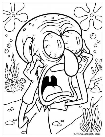 Squidward Screaming in Terror Coloring Page