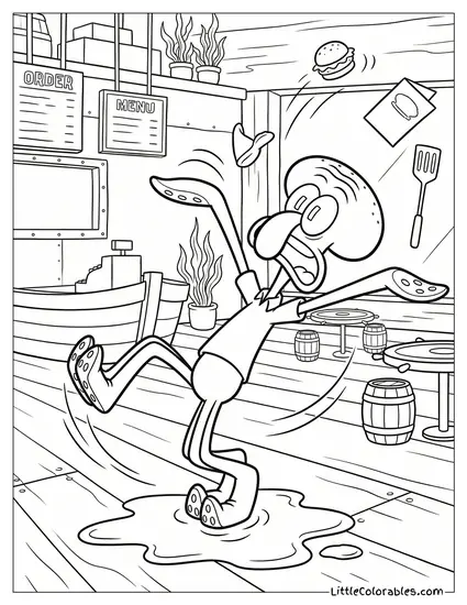 Squidward Slipping on a Wet Floor Coloring Page