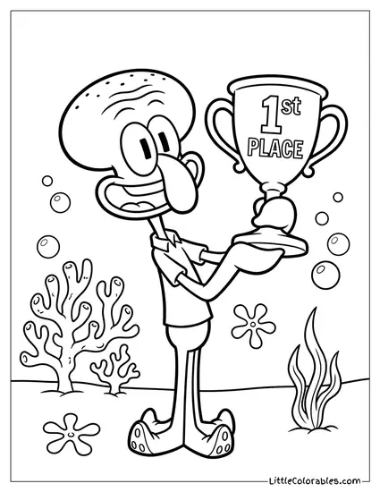 Squidward Smiling for Once Holding a Trophy Coloring Page