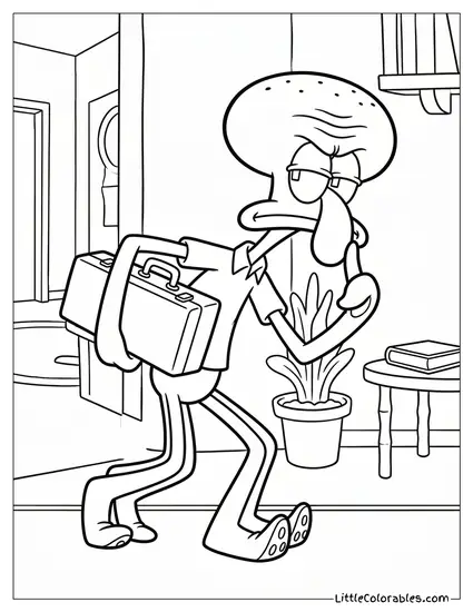 Squidward Sneaking on Tiptoes Holding Briefcase Coloring Page