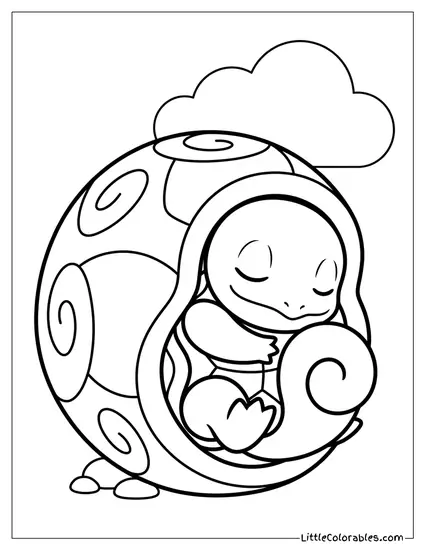 Squirtle Sleeping Inside Shell with Cloud Coloring Page