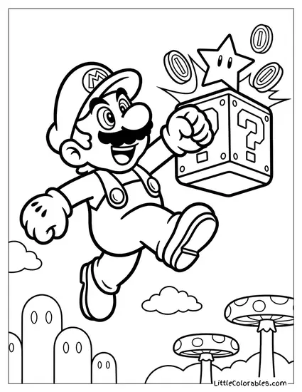 Super Mario Leaping High into the Air to Smash a Question Block with a Joyful Open-mouthed Expression Coloring Page