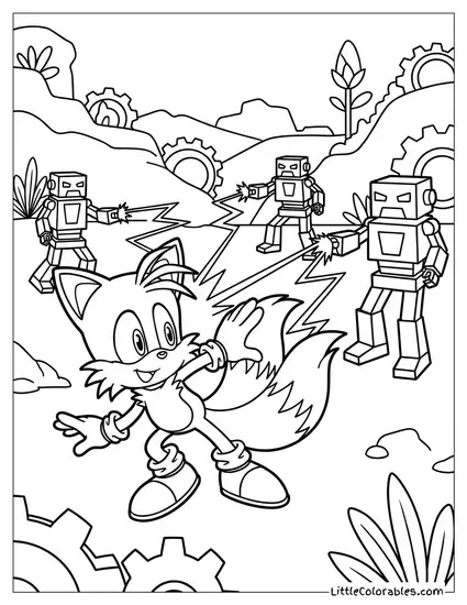 Tails Dodging Laser Blasts from Robots Coloring Page