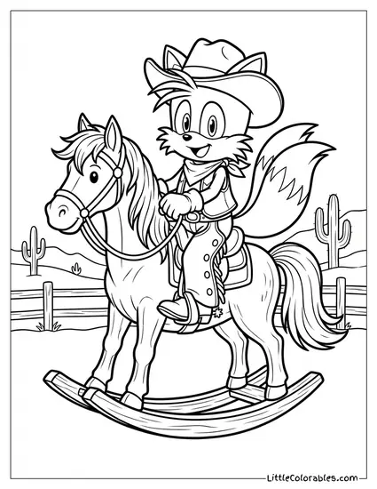Tails Dressed as a Cowboy Riding a Rocking Horse Coloring Page