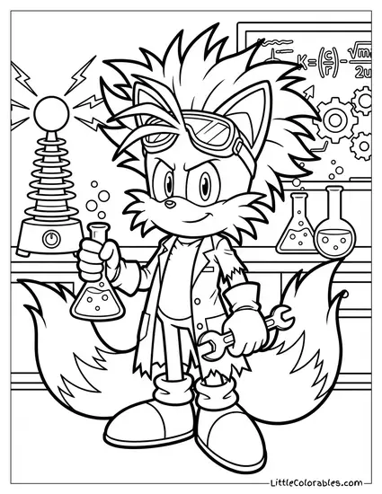 Tails Dressed as a Mad Scientist with Crazy Hair Coloring Page
