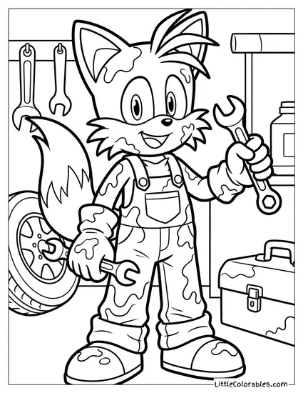 Tails Dressed as a Mechanic Covered in Oil Coloring Page