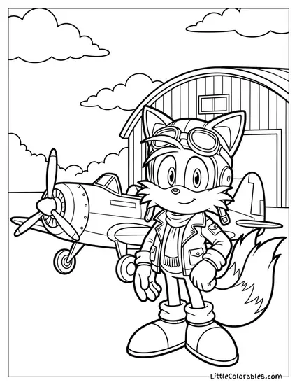 Tails Dressed as a Pilot with a Leather Jacket and Scarf Coloring Page