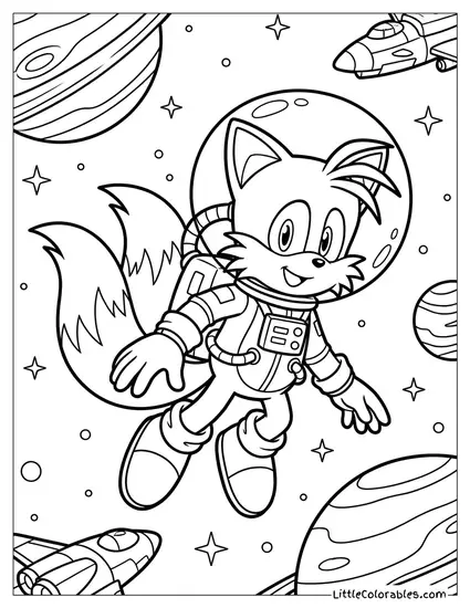 Tails Dressed as an Astronaut Floating in Space Coloring Page
