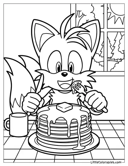 Tails Eating a Stack of Pancakes with Syrup Coloring Page