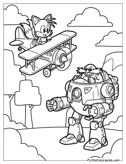 Tails Fighting Dr Eggman in His Mech Walker Coloring Page