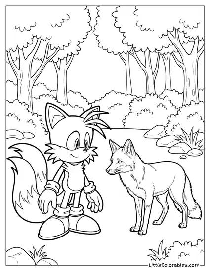 Tails Having a Staring Contest with a Real Fox Coloring Page