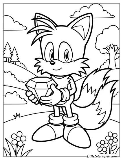 Tails Holding a Yellow Chaos Emerald Coloring Page