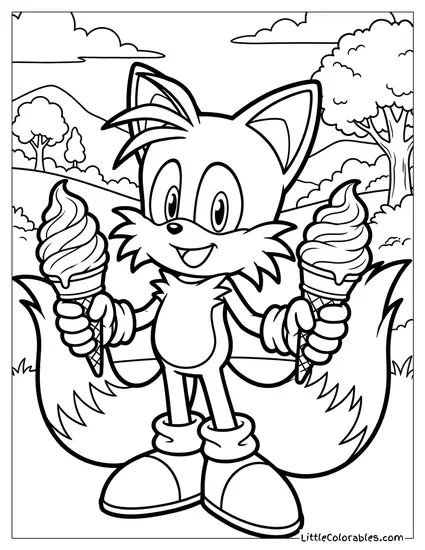 Tails Holding Two Ice Cream Cones One for Each Tail Coloring Page