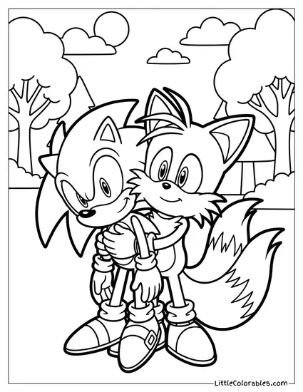 Tails Hugging a Giant Plush Sonic Doll Coloring Page