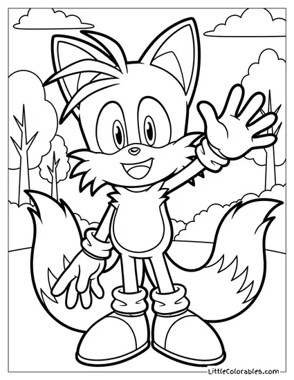 Tails Looking Happy and Waving Hello Coloring Page