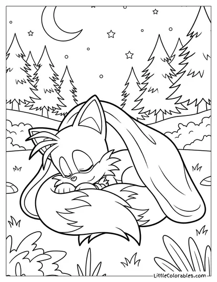 Tails Sleeping Curled Up with His Tails as a Blanket Coloring Page