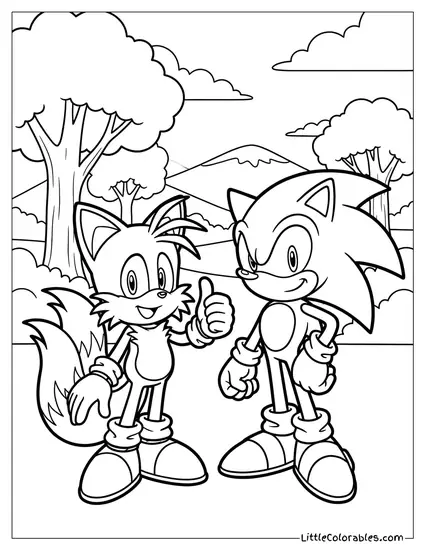 Tails Standing with Sonic and Giving a Thumbs Up Coloring Page