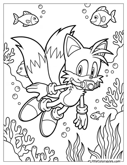Tails Swimming Underwater with a Rebreather Coloring Page
