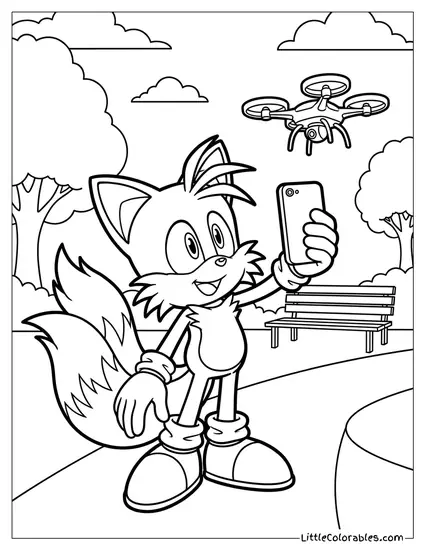 Tails Taking a Selfie with a Drone Coloring Page