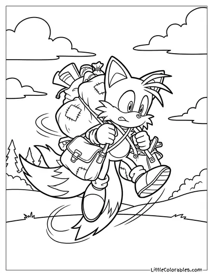 Tails Trying to Fly with Too Many Heavy Bags Coloring Page