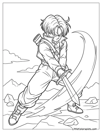 Trunks Swinging Sword in Rocky Terrain Coloring Page