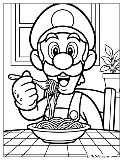 Waist Shot Luigi Eating Spaghetti Happy Coloring Page