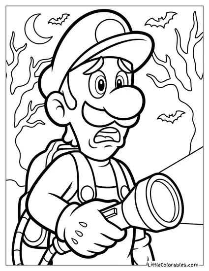 Waist Shot Luigi Holding Flashlight Spooked Coloring Page