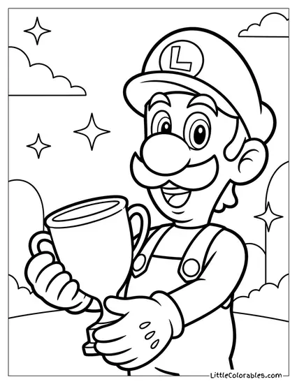 Waist Shot Luigi Holding Golden Trophy Coloring Page
