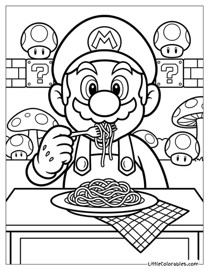 Waist Shot Mario Eating Spaghetti Coloring Page