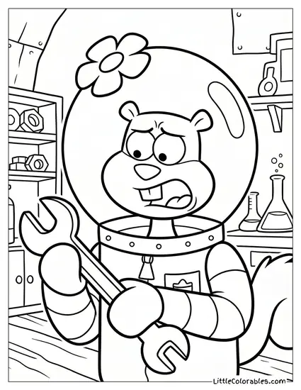 Waist Shot Sandy Holding Wrench Confused Coloring Page