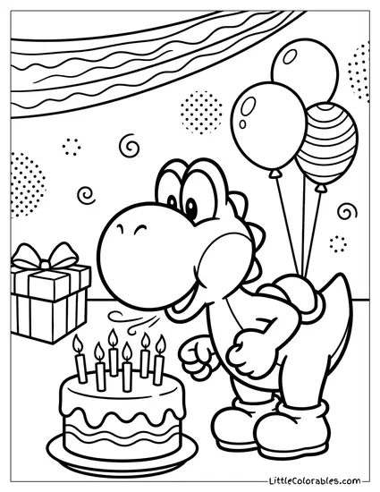 Yoshi Blowing Out Birthday Candles Coloring Page