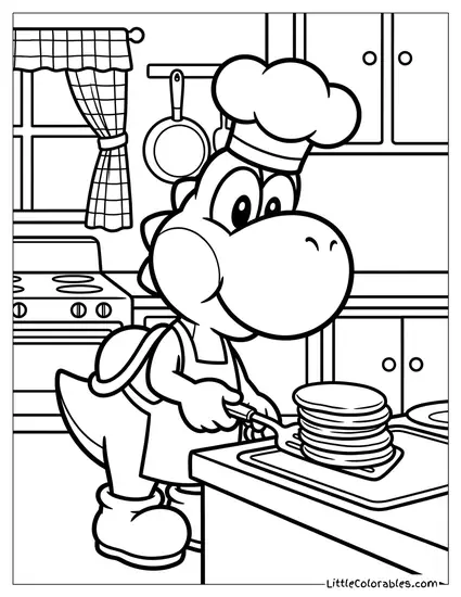 Yoshi Cooking Pancakes In A Chef Hat Coloring Page