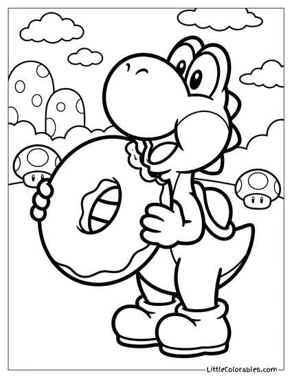 Yoshi Eating A Giant Donut Coloring Page