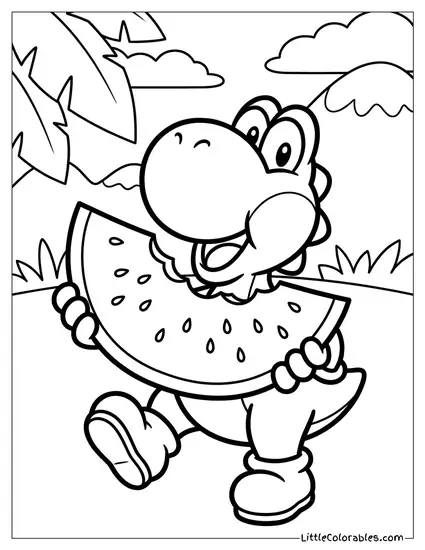 Yoshi Eating A Giant Slice Of Watermelon Coloring Page