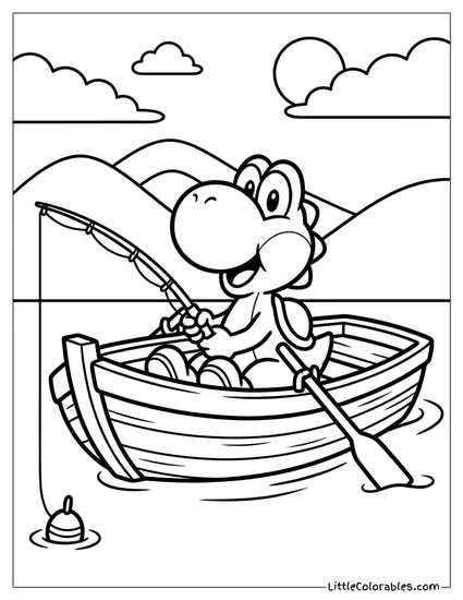 Yoshi Fishing In A Boat Coloring Page