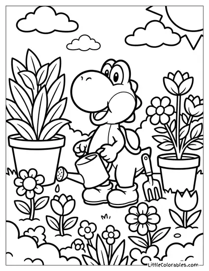 Yoshi Gardening And Watering Plants Coloring Page