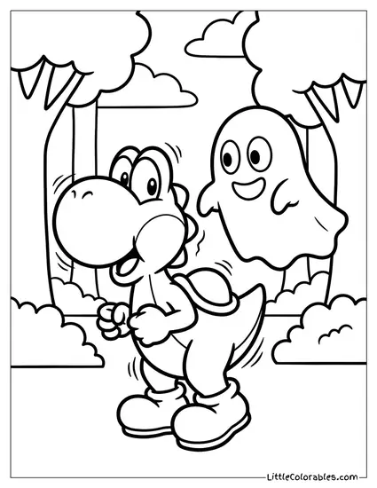 Yoshi Looking Scared Of A Ghost Coloring Page