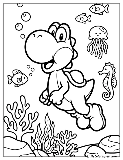 Yoshi Swimming Underwater Coloring Page