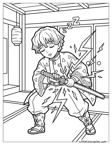 Zenitsu Sleeping with Sword Coloring Page