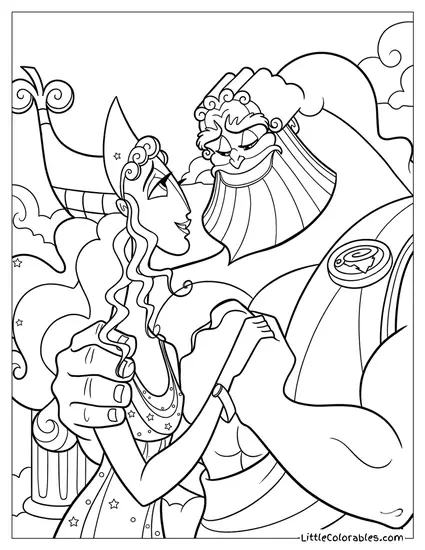 Zeus and Hera Holding Hands and Looking Fondly at Each Other Coloring Page