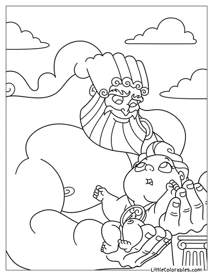 Zeus Holding Baby Hercules in His Hands Coloring Page