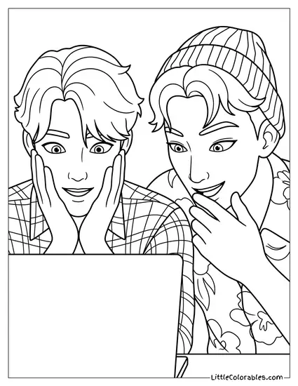 Abby and Jinu Looking at Computer Screen Coloring Page