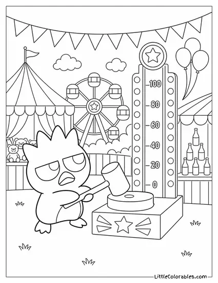 Badtz-Maru at a Carnival Strongman Hammer Game Coloring Page