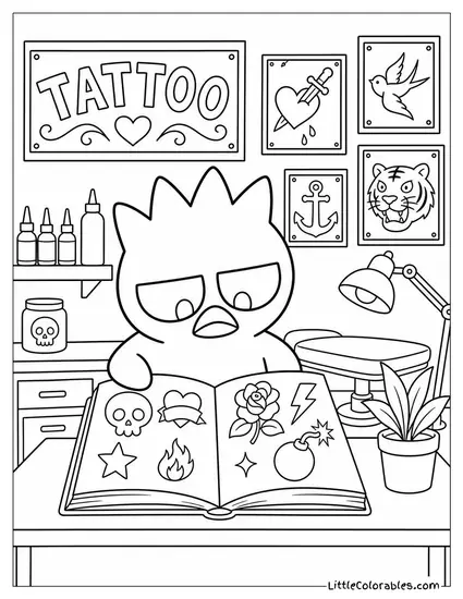 Badtz-Maru at a Tattoo Parlor Looking at Flash Designs Coloring Page