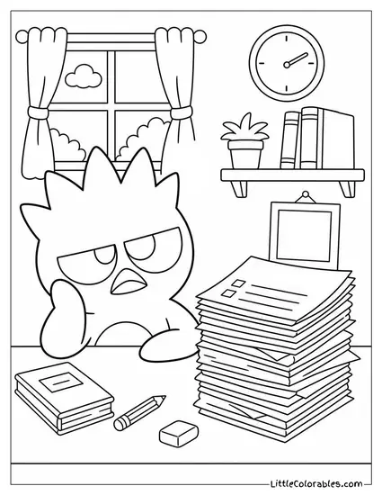 Badtz-Maru Grumbling at a Stack of Homework Papers Coloring Page