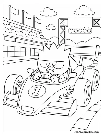 Badtz-Maru in a Race Car Cockpit Revving the Engine Coloring Page