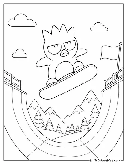 Badtz-Maru on a Halfpipe with a Snowboard Coloring Page